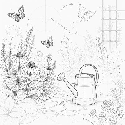 a garden scene with butterflies, flowers and a watering can, clean uncolored line art, no text