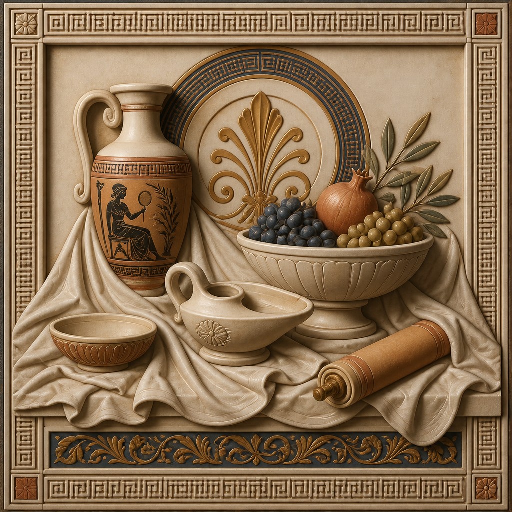 still life with everyday objects — Ancient Greek Classical Art Style