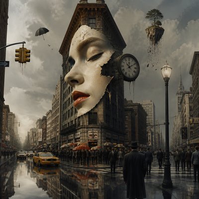 urban street with city activity — Surrealism Art Style