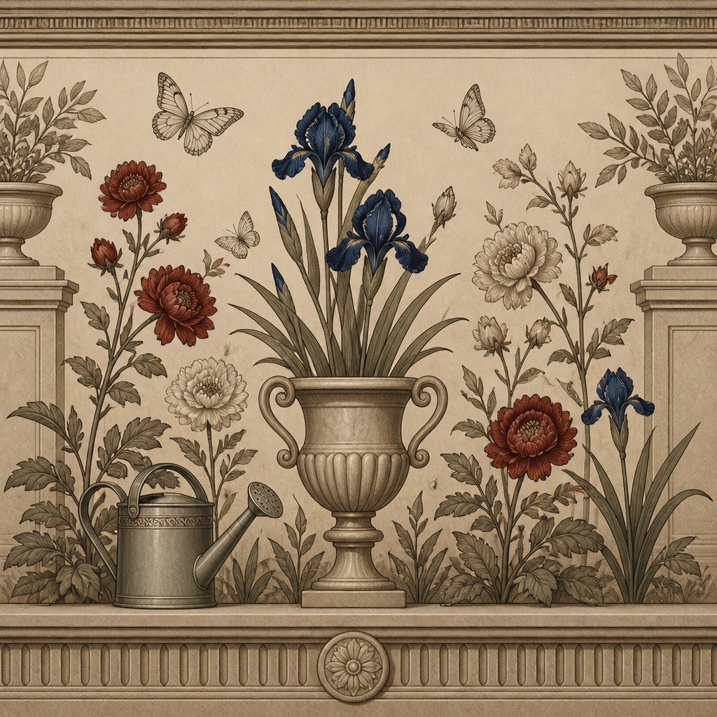 a garden scene with butterflies, flowers and a watering can, clean uncolored line art, no text