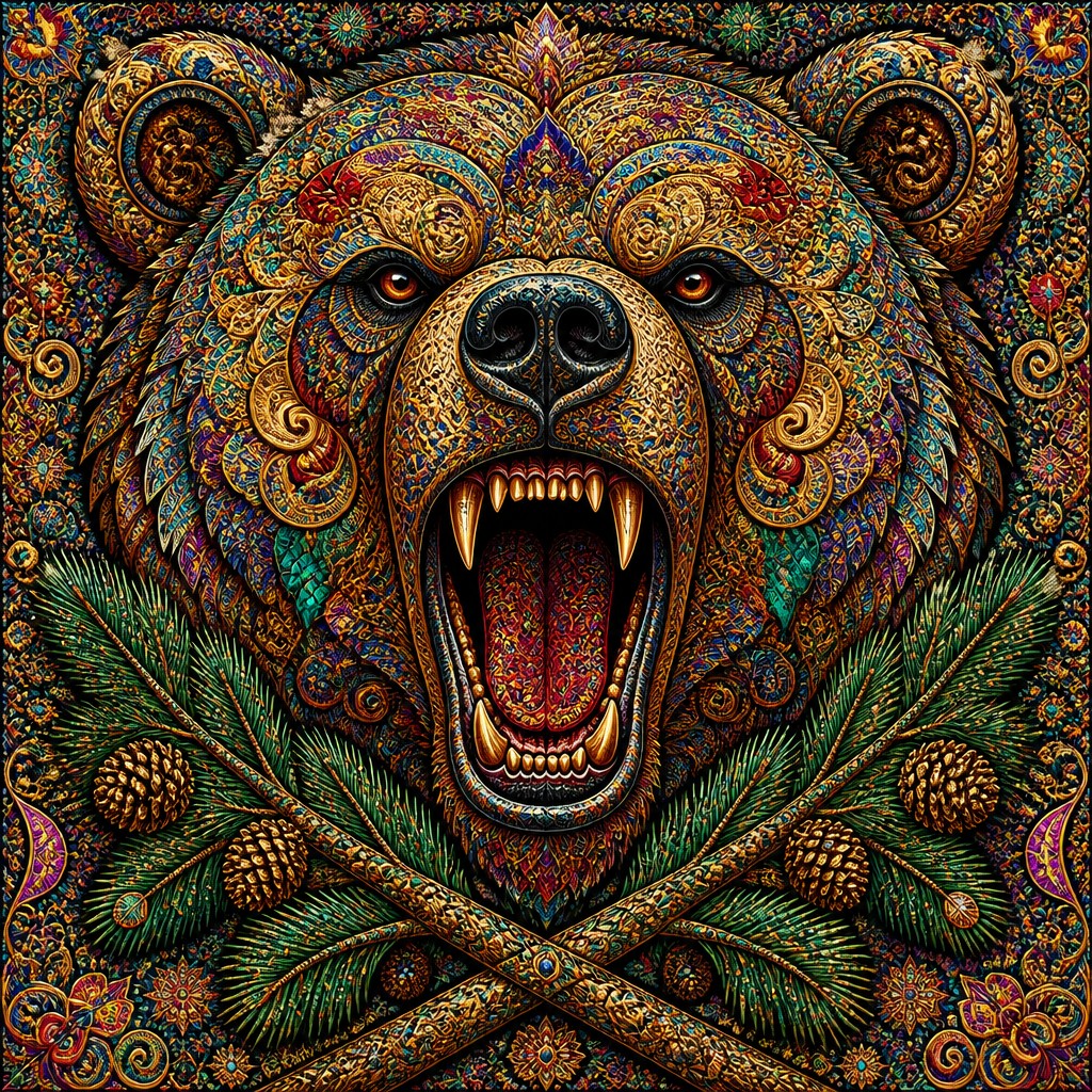 a roaring bear head above crossed pine branches, bold graphic composition on a plain background, no text