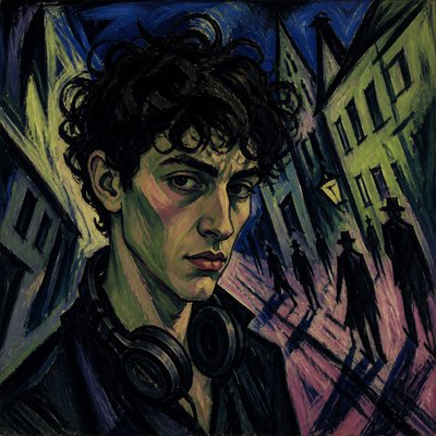 head-and-shoulders portrait of an original character: a young man with curly dark hair and headphones around his neck, plain backdrop, no text