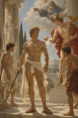 a painting of a group of men standing in front of a statue