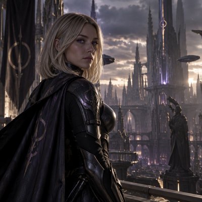 Je veux que tu me fasses une hyper realiste guerriere, tres modern avec une armure moderne genre full noir violet sombre foncé argenté sombre et des cheveux blonc lisse courbé a l’extremité vers l’interieur curve cut et elle a des yeux violet brillant, on dirait presque une deesse dans une ville futuriste ancienne , un corp realiste et un visage realiste ne me fait pas un truc idéalise