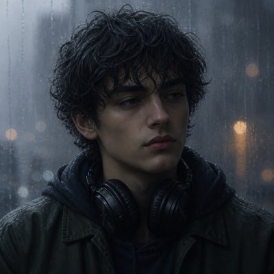 head-and-shoulders portrait of an original character: a young man with curly dark hair and headphones around his neck, plain backdrop, no text