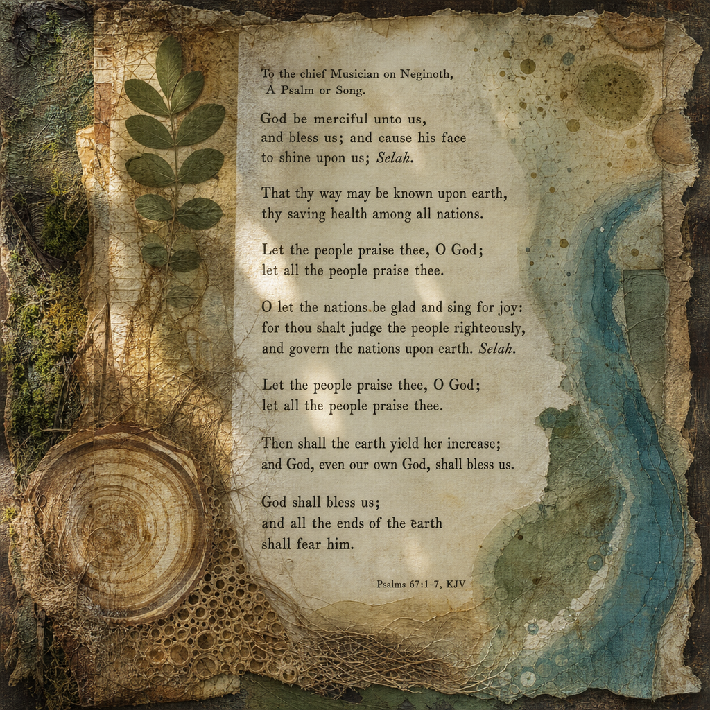 “To the chief Musician on Neginoth, A Psalm or Song. God be merciful unto us, and bless us; and cause his face to shine upon us; Selah. That thy way may be known upon earth, thy saving health among all nations. Let the people praise thee, O God; let all the people praise thee. O let the nations be glad and sing for joy: for thou shalt judge the people righteously, and govern the nations upon earth. Selah. Let the people praise thee, O God; let all the people praise thee. Then shall the earth yield her increase; and God, even our own God, shall bless us. God shall bless us; and all the ends of the earth shall fear him.” (Psalms 67:1-7, KJV)