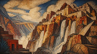 a cliffside city with waterfalls cascading into a misty canyon, wide establishing shot, no people, no text