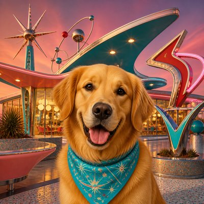 portrait of a golden retriever wearing a blue bandana, warm plain backdrop, no text