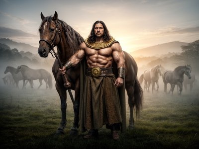 The Dagda, powerful Celtic god, standing with a massive, muscular horse at his side. Earthy robes, bronze and gold torc, long dark hair, commanding presence. Horses moving in the background like living wealth of the land. Misty forest or rolling hills, dawn light piercing fog, mythic realism, cinematic Celtic fantasy, raw authority, natural textures.