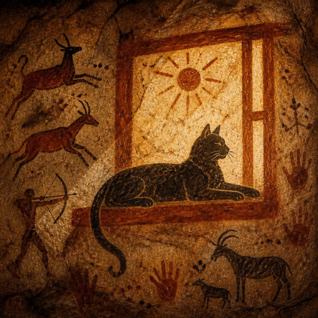 a cat lounging in a sunlit window — Prehistoric Cave Art Style