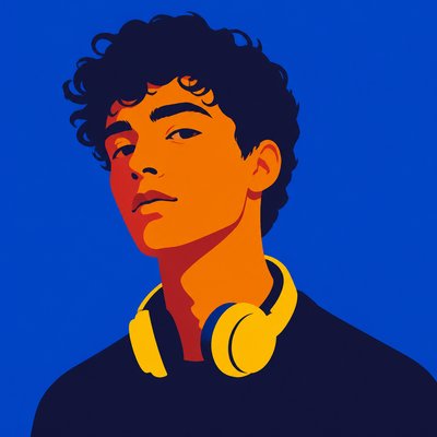 head-and-shoulders portrait of an original character: a young man with curly dark hair and headphones around his neck, plain backdrop, no text