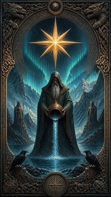 a robed figure pouring water beneath a large eight-pointed star in a night sky, symmetrical composition with an ornate decorative border, no text