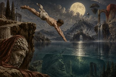 ancient greek athlete diving into a lake from a rocky ledge by moon light