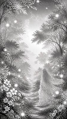 a mysterious forest path with fireflies and drifting mist, atmospheric vertical composition with open space at the top, no text