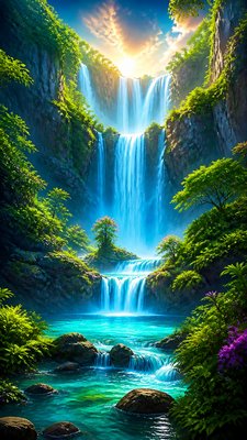 a cascading waterfall in a lush green gorge, no people