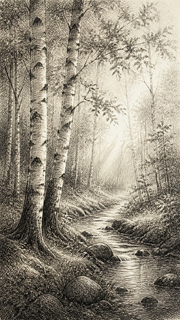 a serene birch forest in soft morning light, no people, no text