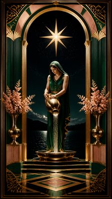 a robed figure pouring water beneath a large eight-pointed star in a night sky, symmetrical composition with an ornate decorative border, no text