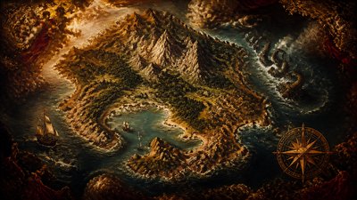 a map of an island realm with mountains, forests, a sheltered bay, sea monsters in the water and a compass rose, no text labels