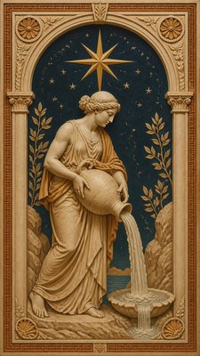 a robed figure pouring water beneath a large eight-pointed star in a night sky, symmetrical composition with an ornate decorative border, no text