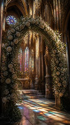 an arch of white roses and eucalyptus in soft morning light, elegant vertical composition with open space, no text