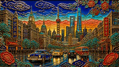 bustling city street panorama at dusk