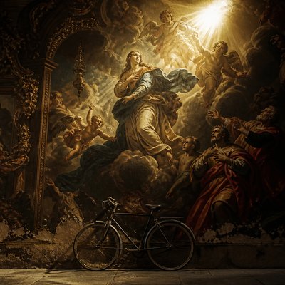 bicyle resting against a wall