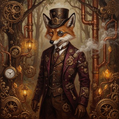 anthropomorphic coyote in a tailored Victorian suit, wearing a brass-trimmed top hat and monocle, steampunk style, intricate mechanical accessories, standing in a forest with copper pipes and gear-laced trees, full body portrait, Vibrant Colors, heavy oil paint impasto, in the style of Peter Max with Mary Blair aspects.