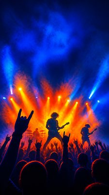 a live music scene with a glowing stage and silhouetted crowd, energetic vertical composition with open space at the top, no text