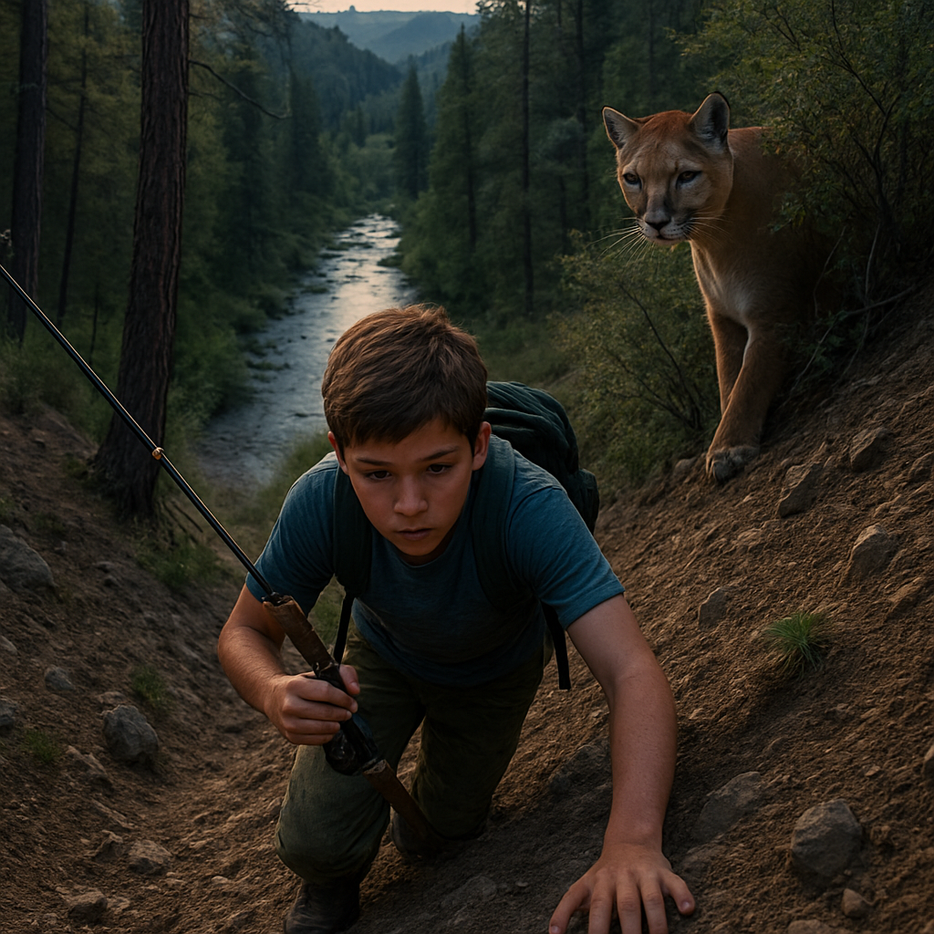 A young boy, no older than 12, is intensely focused on climbing a steep, rocky hillside in the San Juan National Forest, specifically along the Piedra River. He is scrambling upwards on his hands and knees towards a cougar watching him approach from behind a bush above the boy. He is carrying a fishing rod held securely in one hand. The hill is covered in dry dirt and scattered small rocks with ponderosa pines and aspen trees in the landscape. Far below, at the bottom of the hillside, a clear, meandering mountain stream (the Piedra River) sparkles under twilight. The atmosphere is quiet, tense, capturing the stark beauty of the remote Colorado wilderness.