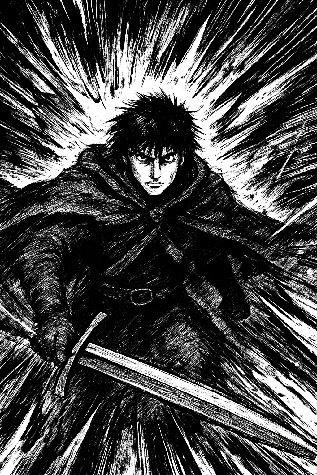 a black and white drawing of a man holding a sword