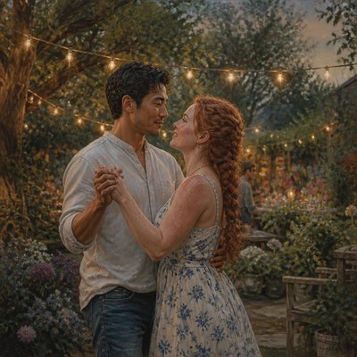 an original couple dancing under string lights in a garden at dusk: a man with short black hair in a linen shirt and a woman with braided red hair in a summer dress