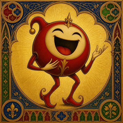 an exaggerated laughing face of an original round mascot character, bold and readable at small size, plain background, no text