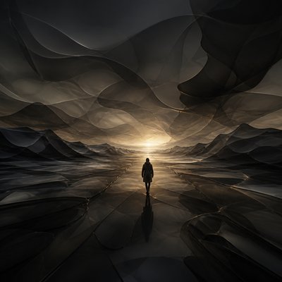 a solitary figure walking toward a glowing horizon across an empty plain, moody atmosphere, no text or lettering