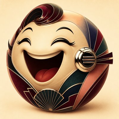 an exaggerated laughing face of an original round mascot character, bold and readable at small size, plain background, no text