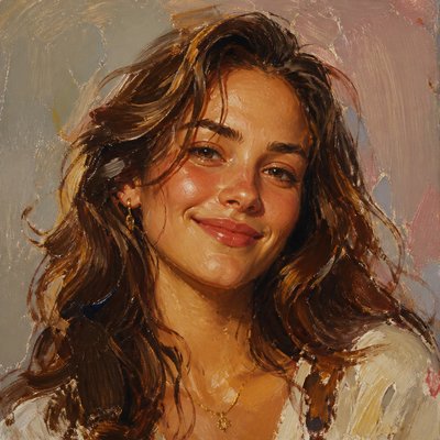 head-and-shoulders portrait of an original character: a young woman with wavy chestnut hair and a warm smile, plain soft backdrop