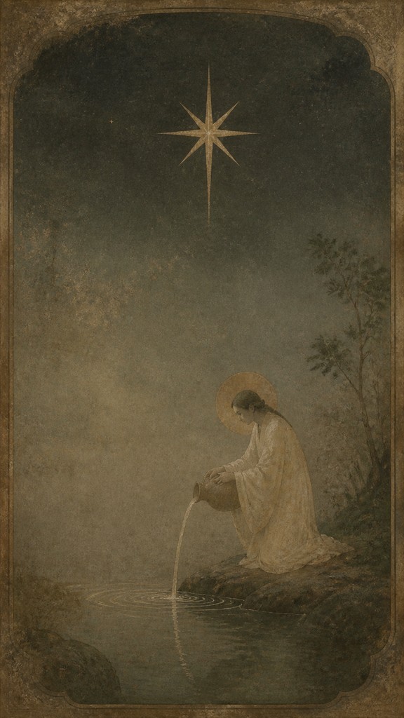 a robed figure pouring water beneath a large eight-pointed star in a night sky, symmetrical composition with an ornate decorative border, no text