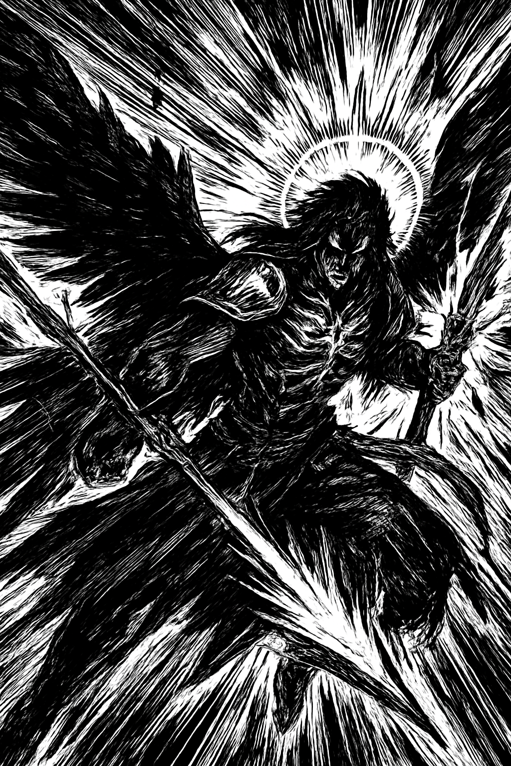 a black and white drawing of an angel on skis