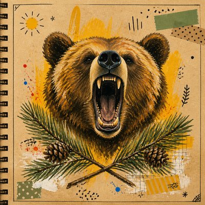 a roaring bear head above crossed pine branches, bold graphic composition on a plain background, no text