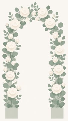 an arch of white roses and eucalyptus in soft morning light, elegant vertical composition with open space, no text