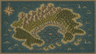 a map of an island realm with mountains, forests, a sheltered bay, sea monsters in the water and a compass rose, no text labels