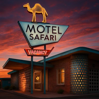 Create an image of the Motel Safari in Tucumcari, showcasing its distinctive Doo Wop or Googie architectural style. The design should feature counter-stacked brickwork with oozing mortar, cinder block walls with unique openings, and metal cylinders with perforated holes that glow softly at night. The sign should incorporate playful geometric shapes, with Clyde the Camel prominently perched on top, illuminated against a vibrant sunset sky. Include a retro Route 66 vibe with neon accents and a welcoming "VACANCY" sign.