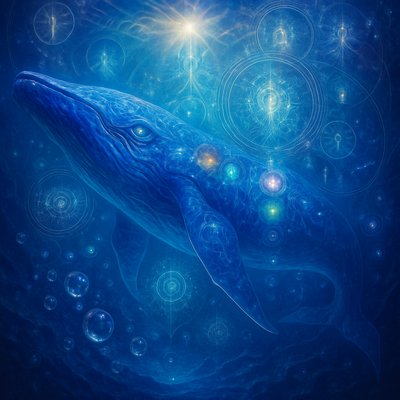 a majestic blue whale gliding, glowing deep blues and silvers, soft sunlight from above, glistening delicate bubbles.