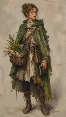 full-body original character: a wandering botanist with a satchel of plants, a patched green cloak, tall boots and round glasses, neutral background