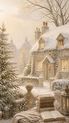 a snow-covered cottage with warm glowing windows beside a decorated pine tree, gentle snowfall, no text