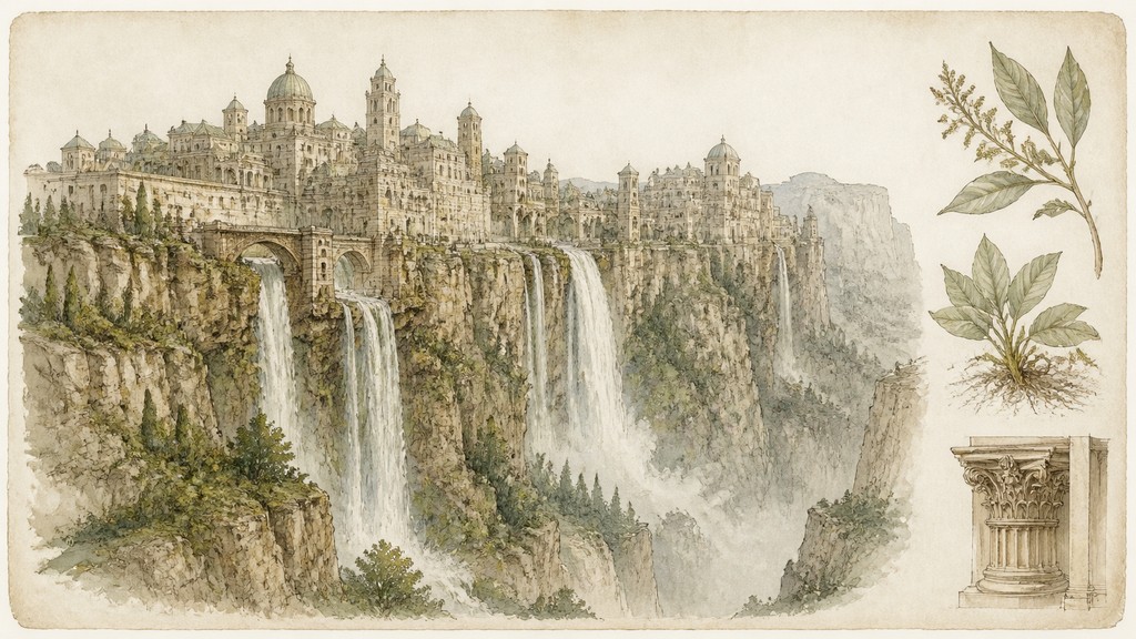 a cliffside city with waterfalls cascading into a misty canyon, wide establishing shot, no people, no text