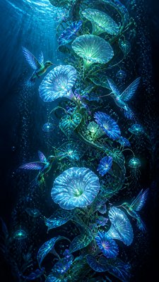 a climbing vine of flowers and hummingbirds on a dark background, tall wrapping composition, no text