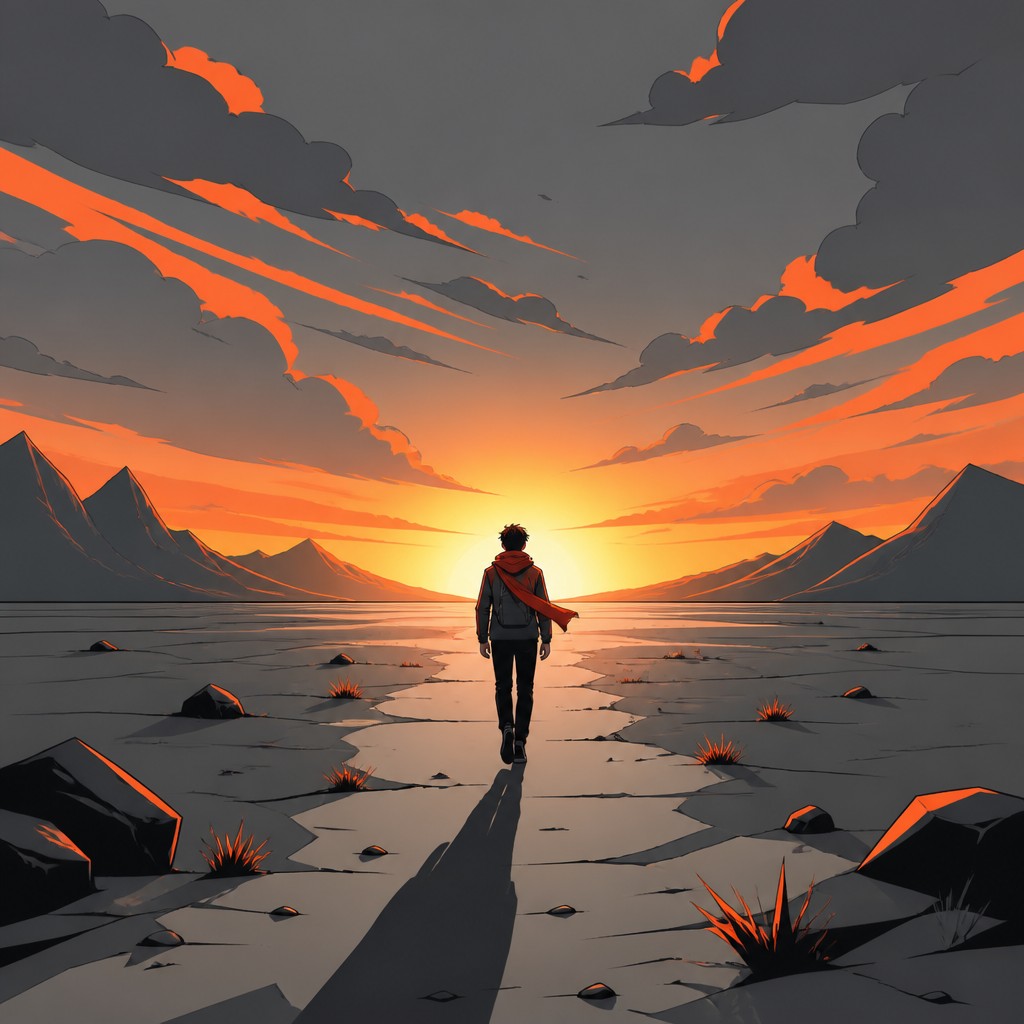 a solitary figure walking toward a glowing horizon across an empty plain, moody atmosphere, no text or lettering