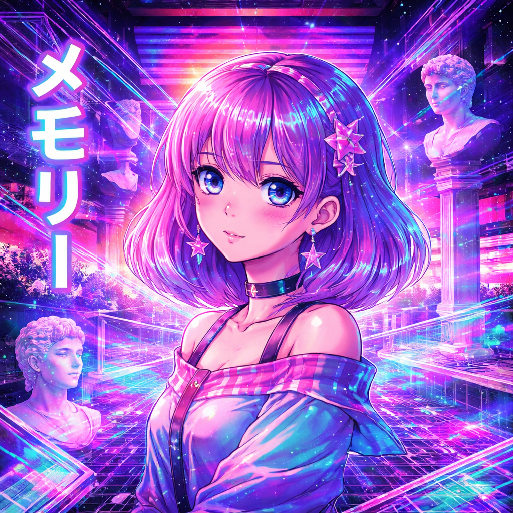 Vaporwave portrait of a retro anime girl with glitch effects, surrounded by floating busts and neon grids, cyan and magenta palette, surreal 80s mall aesthetic
