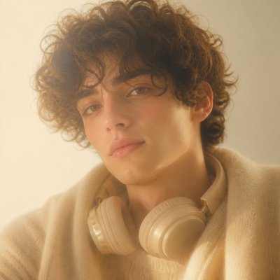 head-and-shoulders portrait of an original character: a young man with curly dark hair and headphones around his neck, plain backdrop, no text