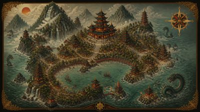 a map of an island realm with mountains, forests, a sheltered bay, sea monsters in the water and a compass rose, no text labels